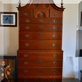 F15. Eldred Wheeler cherry bonnet top chest on chest. 85”h x 38”w x 20”d